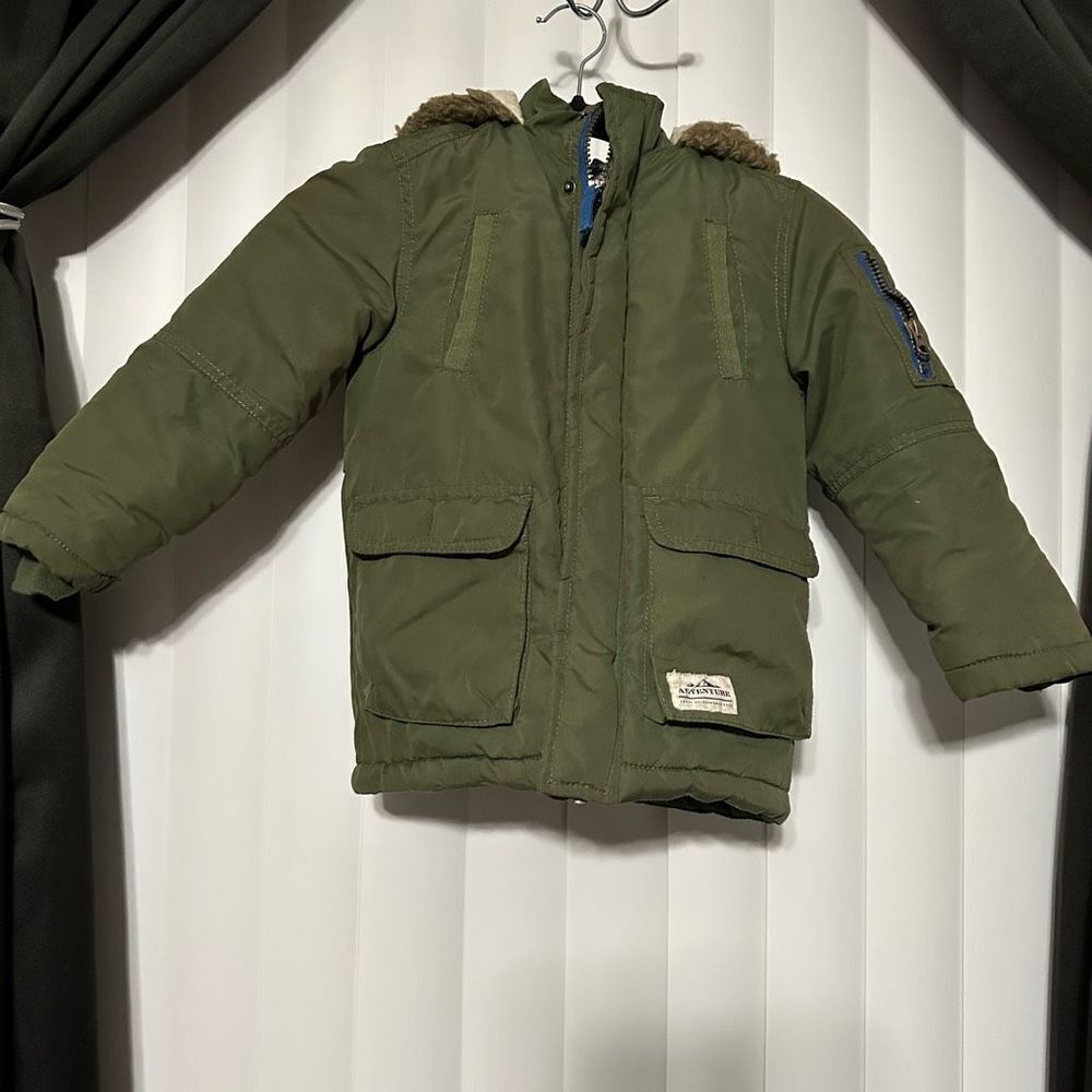Carters olive green winter toddler jacket, non detachable hoodie